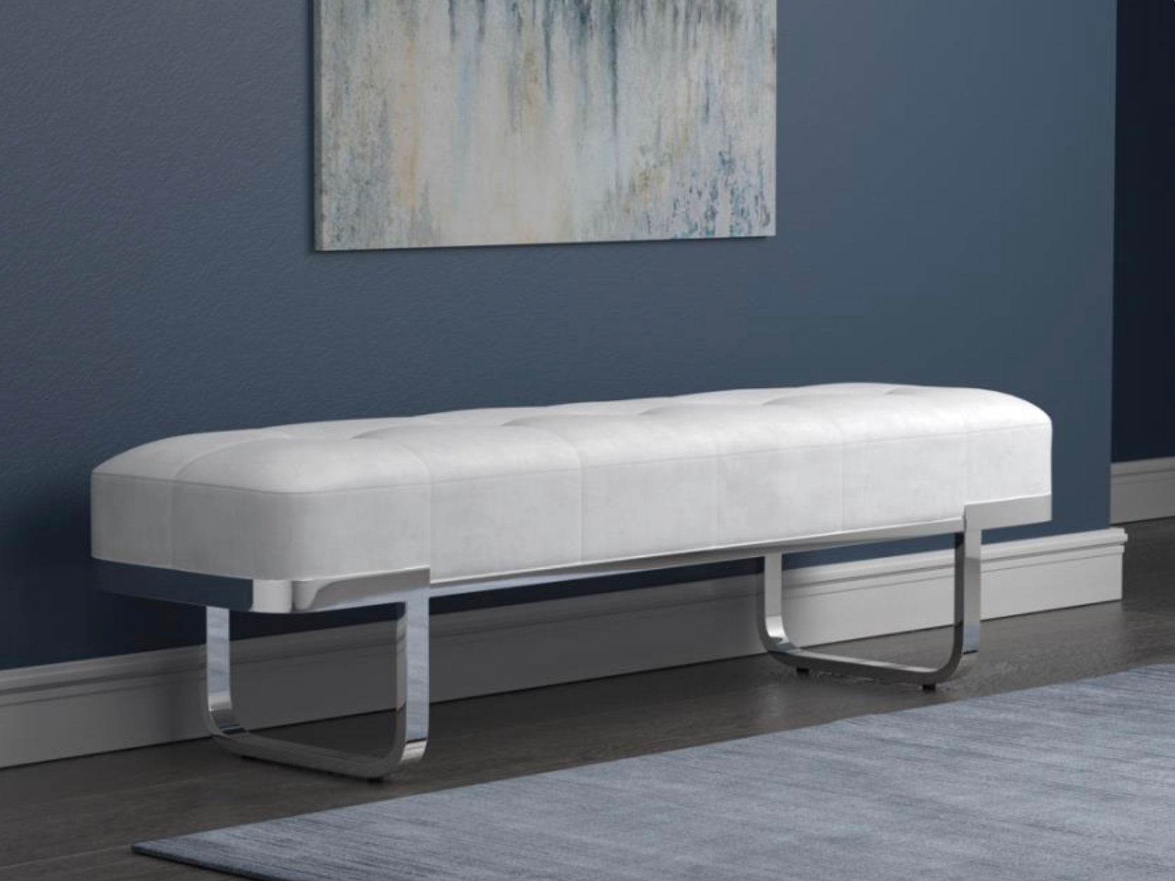 Tufted Upholstered Bench Off White and Chrome
