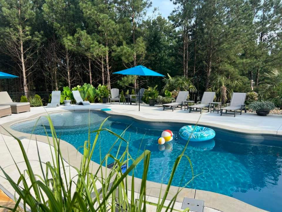 Eye-level view of a modern backyard pool with integrated natural stone and greenery