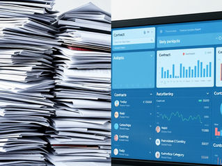 Before-and-after comparison showing disorganized contracts transforming into a clean digital dashboard, illustrating improved contract visibility.