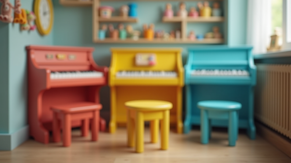 Vue rapprochée d'un petit piano coloré dans une salle de musique pour enfants