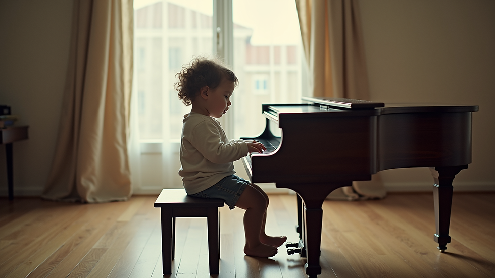 Vue en plongée d’un enfant jouant sur un petit piano jouet
