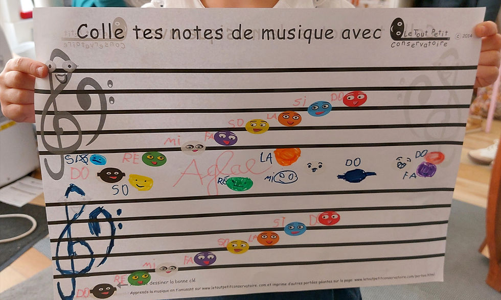 Enfant apprenant les notes de musique sur une portée avec un exercice de solfège ludique