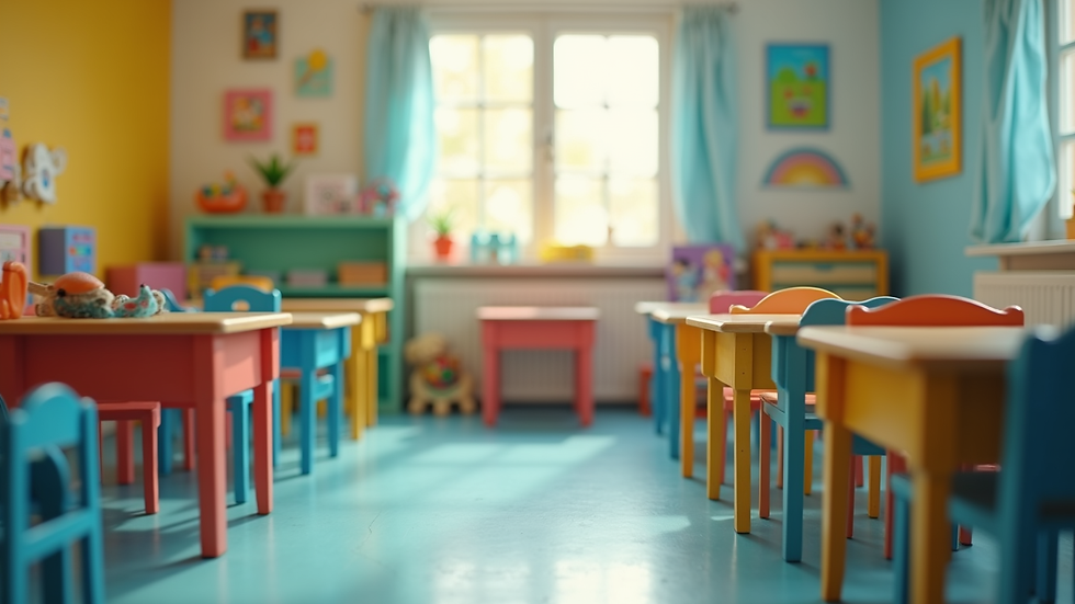 Vue en plongée d’une salle de classe colorée avec des instruments de musique pour enfants