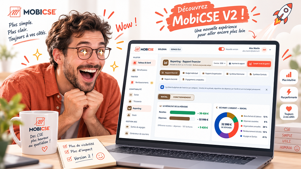 Nouvelle interface de MobiCSE V2 : écran de saisie comptable avec suivi des opérations à comptabiliser et à rapprocher.