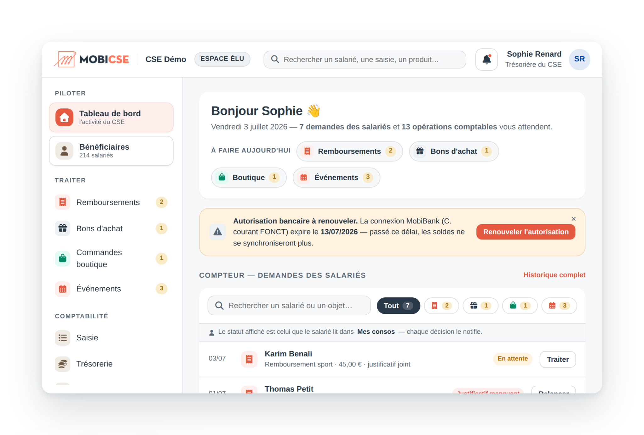 Logiciel CSE MobiCSE : tableau de bord du trésorier sur ordinateur et application salarié sur smartphone