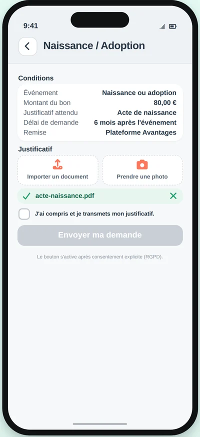 Logiciel de comptabilité CSE MobiCSE — dépôt d’un justificatif : le salarié importe ou prend en photo sa pièce depuis l’application, avec le rappel du justificatif attendu et du consentement RGPD avant l’envoi au CSE