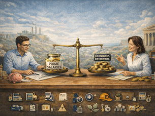 Illustration d’un accord d’intéressement : deux professionnels échangent autour d’une balance équilibrant prime salariés et économies entreprise, avec indicateurs visuels en bas.