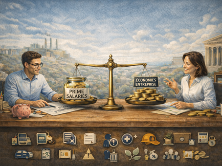 Illustration d’un accord d’intéressement : deux professionnels échangent autour d’une balance équilibrant prime salariés et économies entreprise, avec indicateurs visuels en bas.