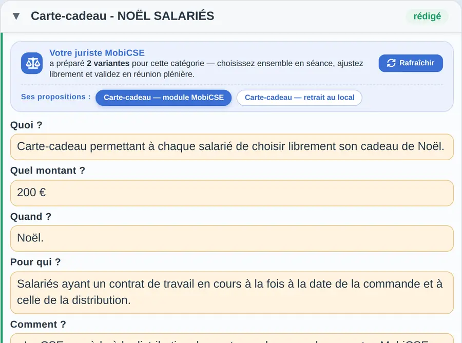 Logiciel CSE MobiCSE — règlement ASC rédigé avec un juriste : bon d’achat de Noël, 200 € par salarié, pour tout salarié sous contrat de travail