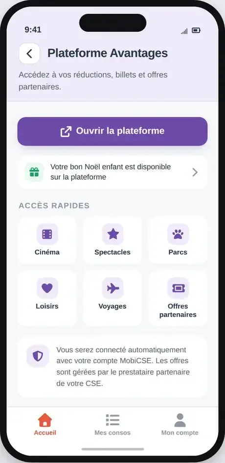 Application CSE MobiCSE — plateforme avantages salariés : cinéma, spectacles, parcs, voyages et offres partenaires