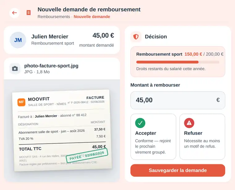 Logiciel CSE MobiCSE — instruction d’une demande de remboursement : photo de la facture jointe en justificatif, droits restants du salarié 150 € sur 200, accepter ou refuser en un clic