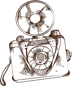 Retro film camera vector graphic representing professional wedding, portrait, and editorial photography services