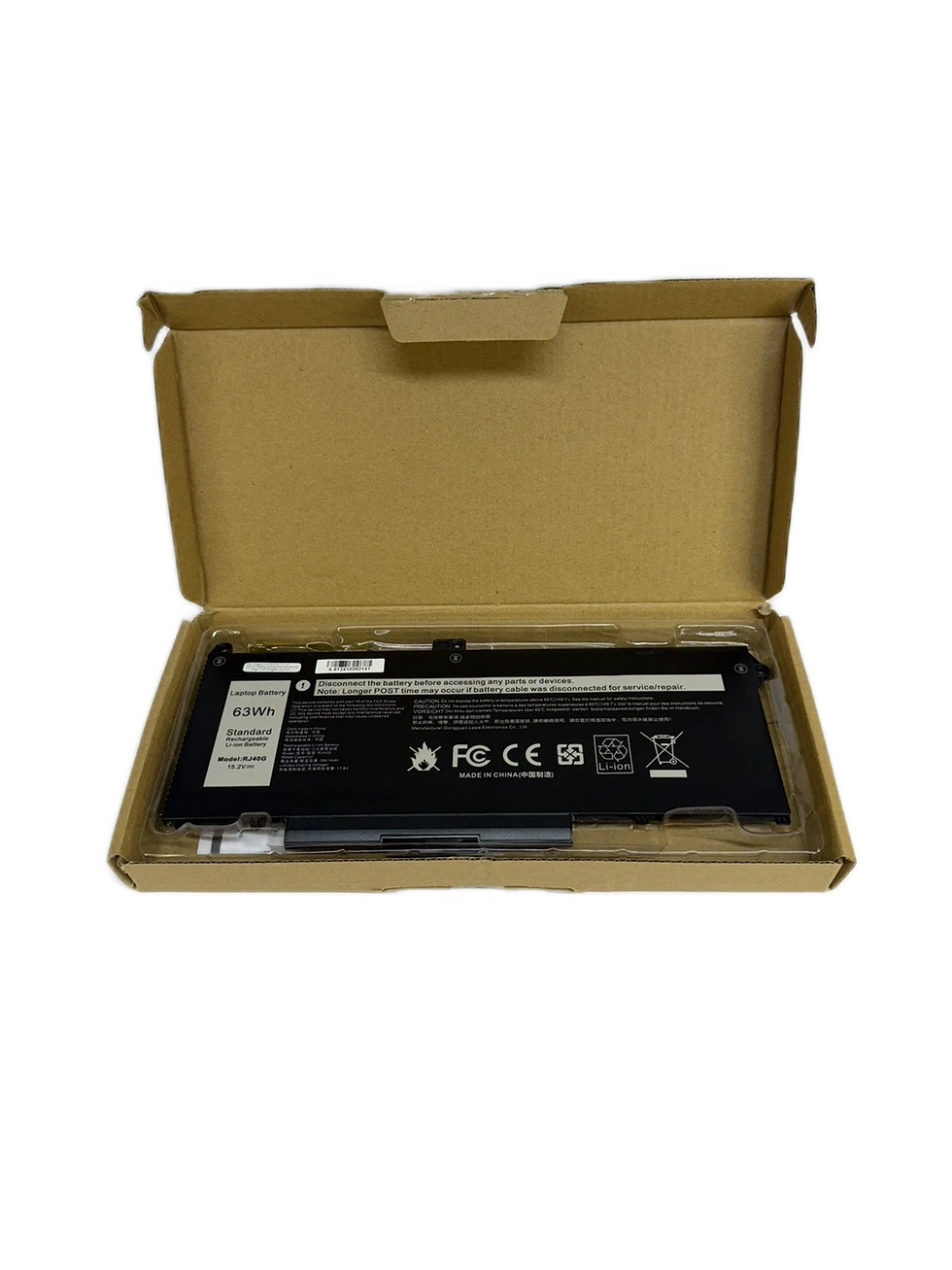 Laptop battery inside an open cardboard box, F62G0 Battery, new condition.