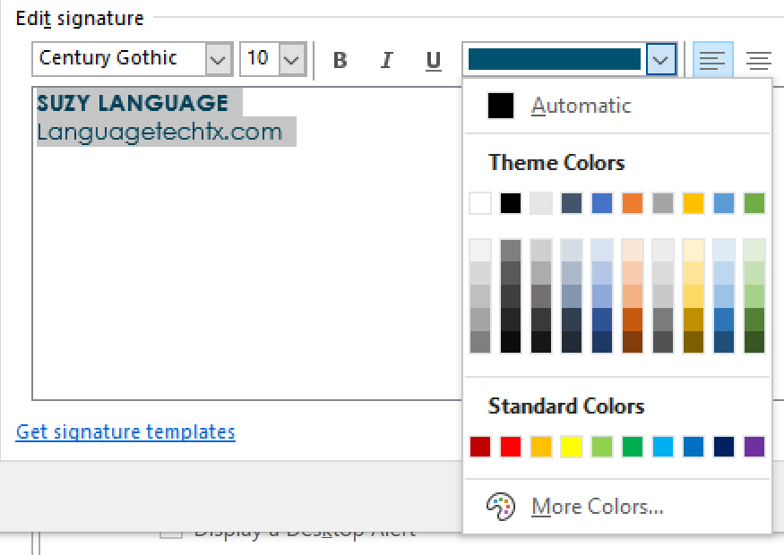 Screenshot of the Outlook email signature color options
