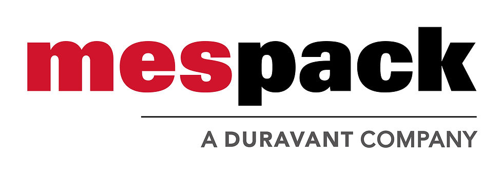 Mespack Logo. The word mespack is written with 'mes' in red font and 'pack' in black. This is underlined with 'A Duravant Company' written beneath it in black