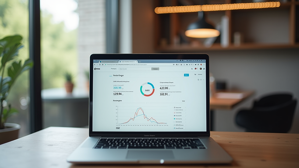 Eye-level view of a laptop displaying a blog with SEO analytics