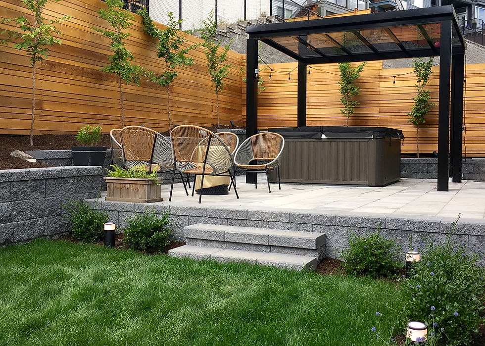 Back yard with covered pergola, hot tub & privacy fence