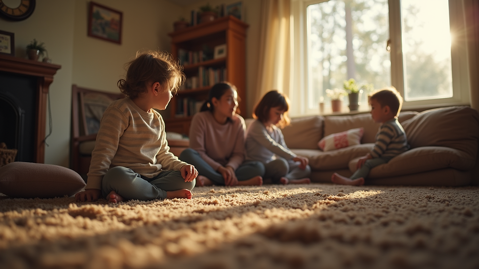 Eye-level view of a cozy living room with a family gathered together
