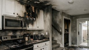 Kitchen damaged by smoke and soot after fire