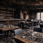 dining are in restaurant with extensive fire damage