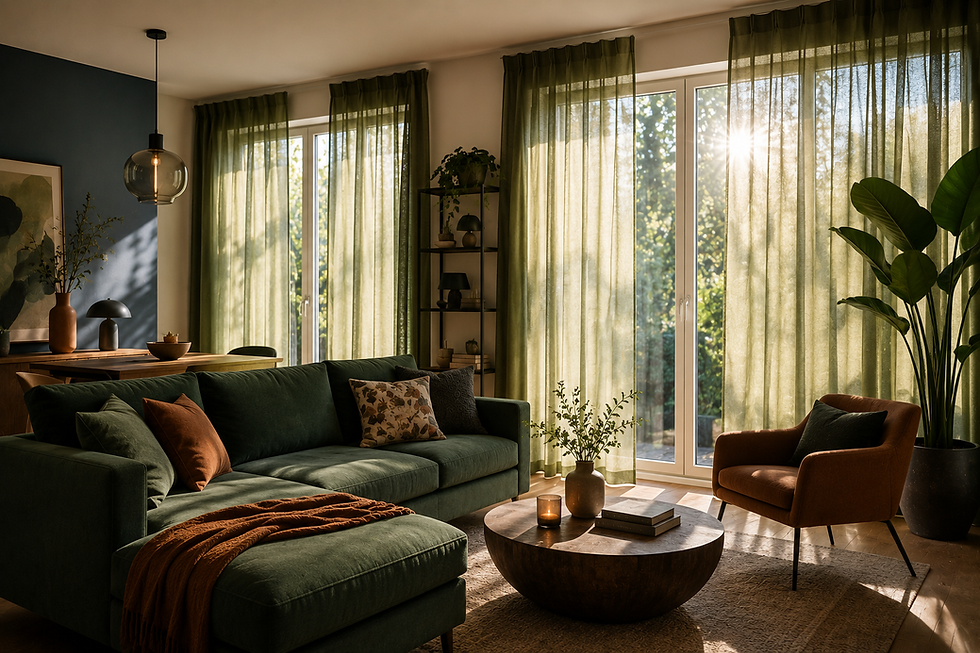 modern eingerichtetes Wohnzimmer in warmen Tönen und weichem Lichteinfall durch passende Vorhänge.