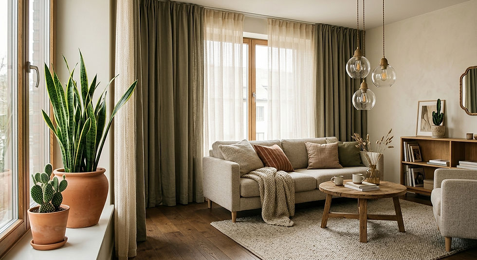 Ein gemütliches, stilvoll eingerichtetes Wohnzimmer mit warmer, harmonischer Farbpalette. Auf dem dunklen Holzboden liegt ein strukturierter hellbeiger Teppich unter einem beigefarbenen Sofa und einem rustikalen Holztisch. Am großen Fenster hängen blickdichte, schwere Vorhänge an den Seiten sowie transparente, feingestrickte Vorhänge in der Mitte, durch die weiches Licht fällt. Auf der Fensterbank stehen Bogenhanf und Kakteen in Tonkrügen. Von der Decke hängen elegante Pendelleuchten aus Glas mit warmen Glühbirnen.
