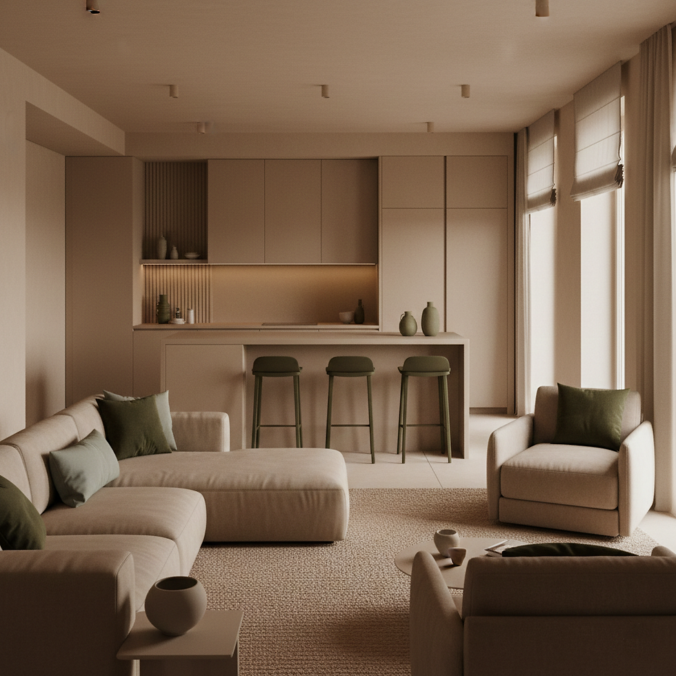 Minimalistisches Wohnkonzept mit ruhigen Sand Nuancen und Oliv als Akzentfarbe.