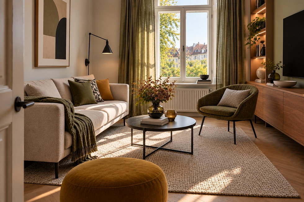 Kompaktes, modern eingerichtetes Wohnzimmer mit cremefarbenem Sofa, filigranem Sessel, rundem Couchtisch und großem Teppich. Warme Grün-, Beige- und Senftöne, natürliche Materialien und wenige ausgewählte Möbel schaffen eine ruhige und harmonische Raumwirkung. Ein Flachbildfernseher steht auf einem schlichten Walnussholz-Sideboard.