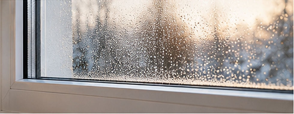 Nahaufnahme einer kalten Fensterscheibe im Winter mit Kondenswasser und unscharfem Blick nach draußen.