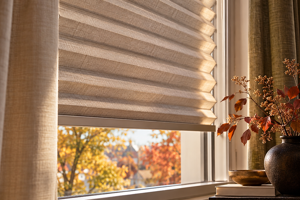 Nahaufnahme eines beige-braunen Thermo-Plissees mit dichter, textiler Struktur am Fenster. Warmes Herbstlicht fällt auf die Falten und die seitlichen Leinenvorhänge. Goldene und rostfarbene Blätter im Hintergrund sowie natürliche Materialien schaffen eine gemütliche Atmosphäre.