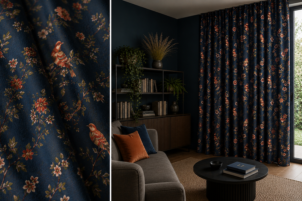Detailaufnahme eines exklusiven Dekostoffes mit stilvollen Blumen- und Vogelmotiven auf dunkelblauem Grund. Rechts zeigt das Bild den Stoff als bodenlangen Vorhang in einem modernen Wohnzimmer mit harmonisch abgestimmten Farben, dunklen Wänden, offenen Regalen mit Büchern und Pflanzen sowie hochwertigen Naturmaterialien.