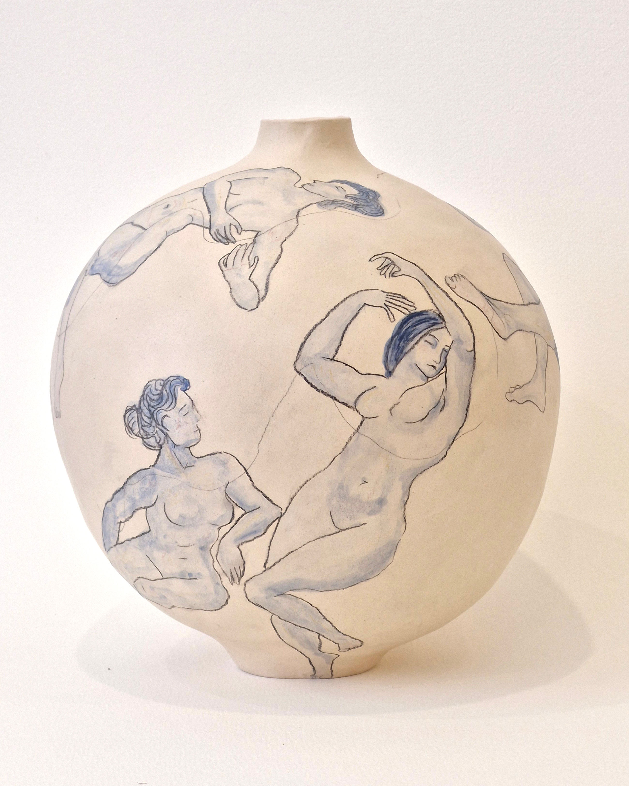 Cloud Busters- White and Blue Illustrated Moon Jar