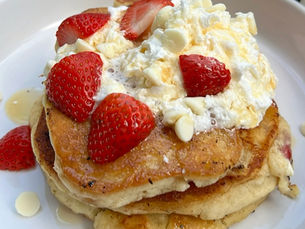 White Chocolate Strawberry Sourdough Pancakes
