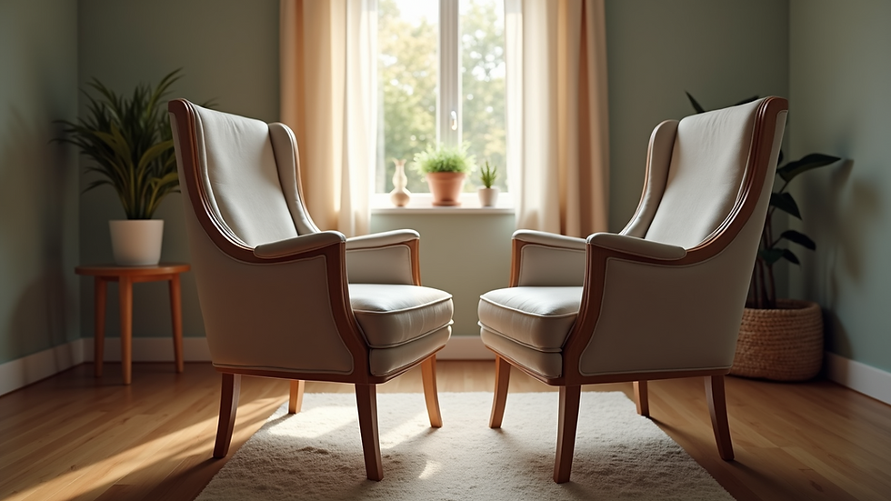 Close-up view of two chairs facing each other in a cozy therapy room