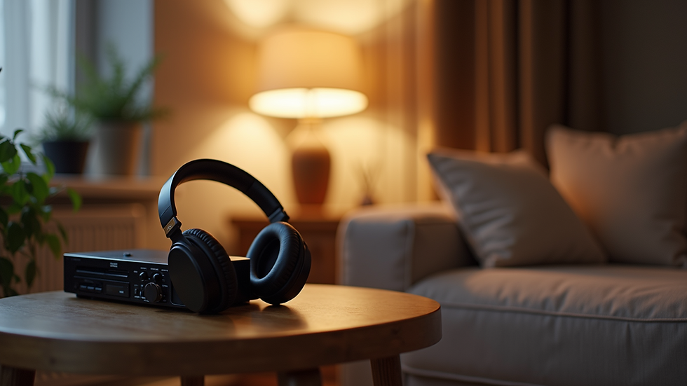 Eye-level view of a cozy corner with headphones and a music player on a small table