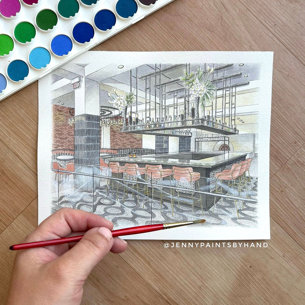 Leila Detroit, ink and watercolor interior illustration