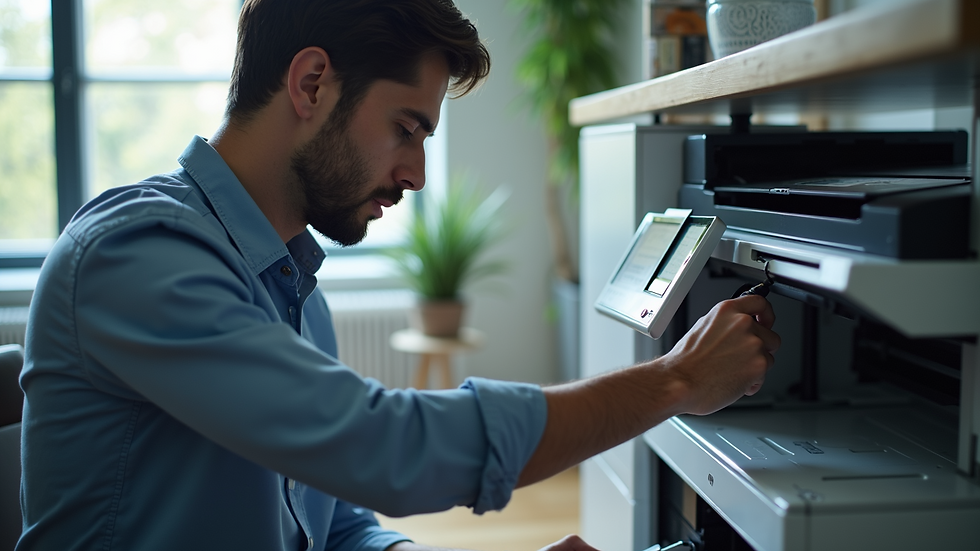 High angle view of a technician installing a printer in an office