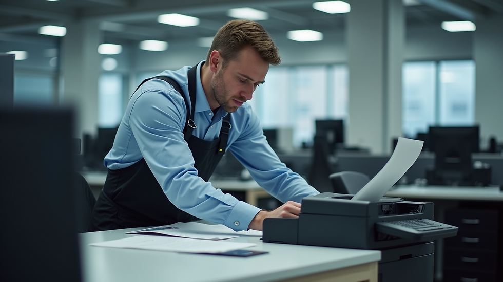 Eye-level view of a technician servicing a printer in an office