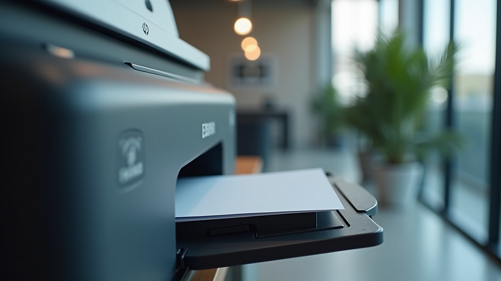 Close-up view of a modern office printer with paper tray