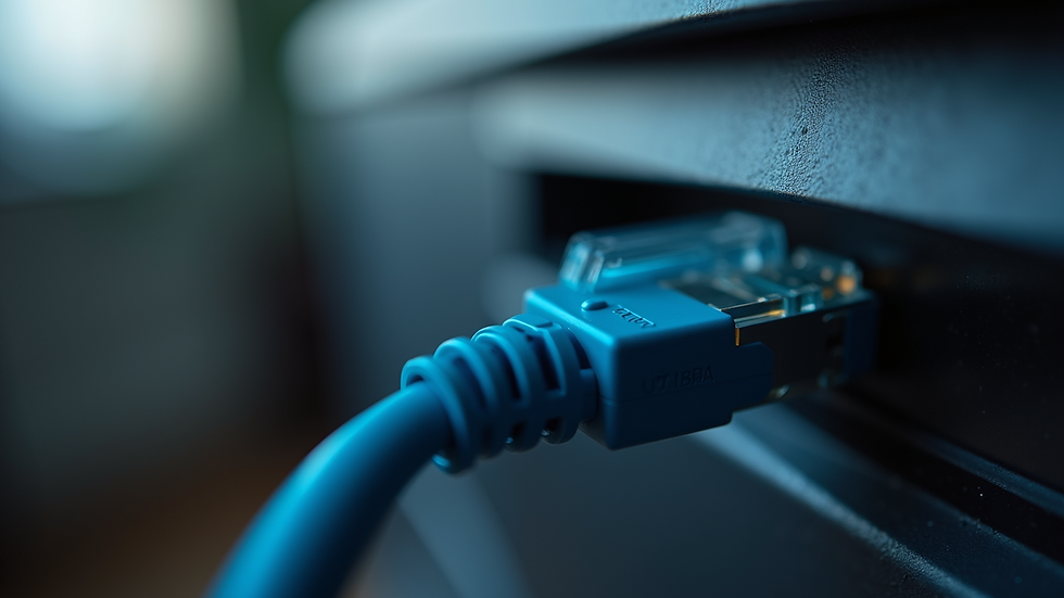 Close-up view of a network cable plugged into a printer