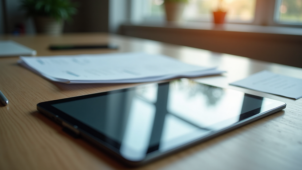 High angle view of office desk with digital tablet and printed documents