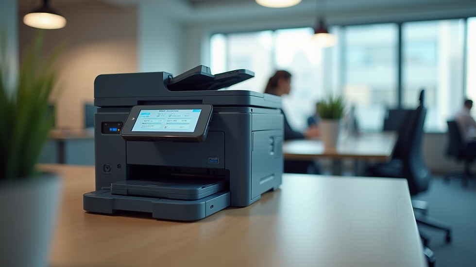 Eye-level view of a modern office printer with a touchscreen panel