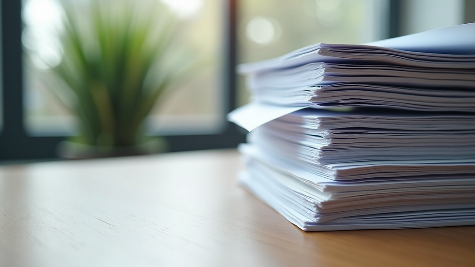 Close-up view of recycled paper stack on office desk
