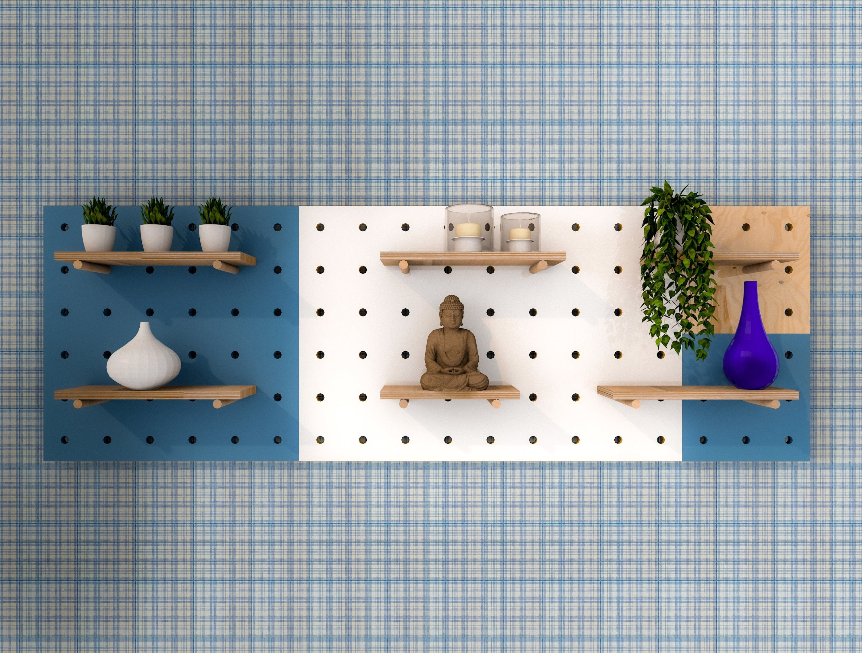 Set of thour pegboards. Pegboard  wall, pegboard decor, peg board shelves