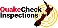 quake check inspections logo. Map of New Zealand with Seismic circles