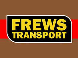 Frews Transport logo with text on brown background and red stripe.