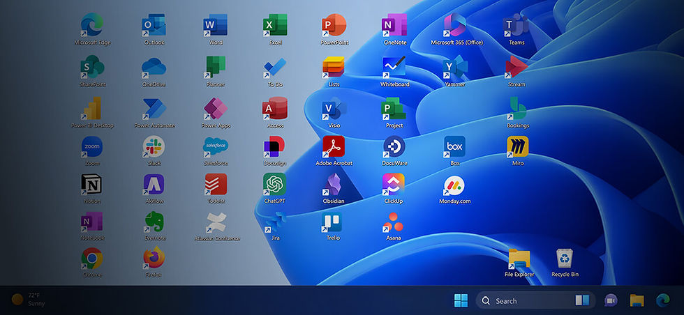 Computer desktop showing colorful app icons on a blue abstract background. Icons include Microsoft Office, Adobe, Zoom. Weather shows 72°F sunny.