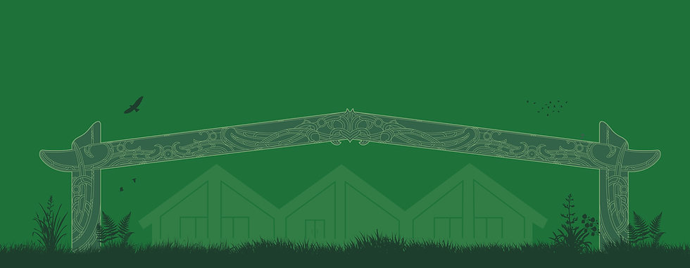 Maori carved waharoa entrance and meeting houses silhouette