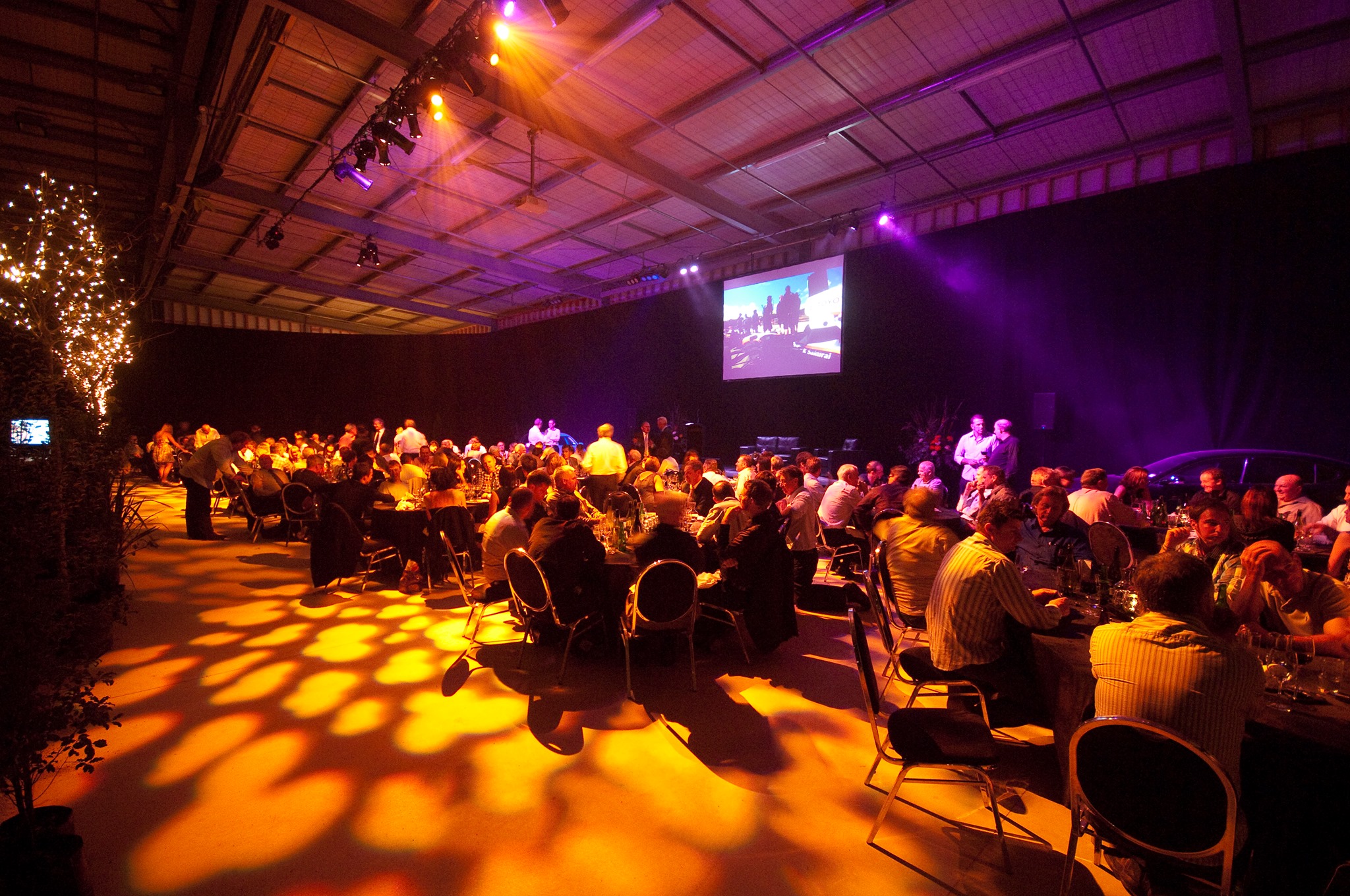 Guests enjoying a large event with purple spotlights, projection screen. Concerts & Entertainment.