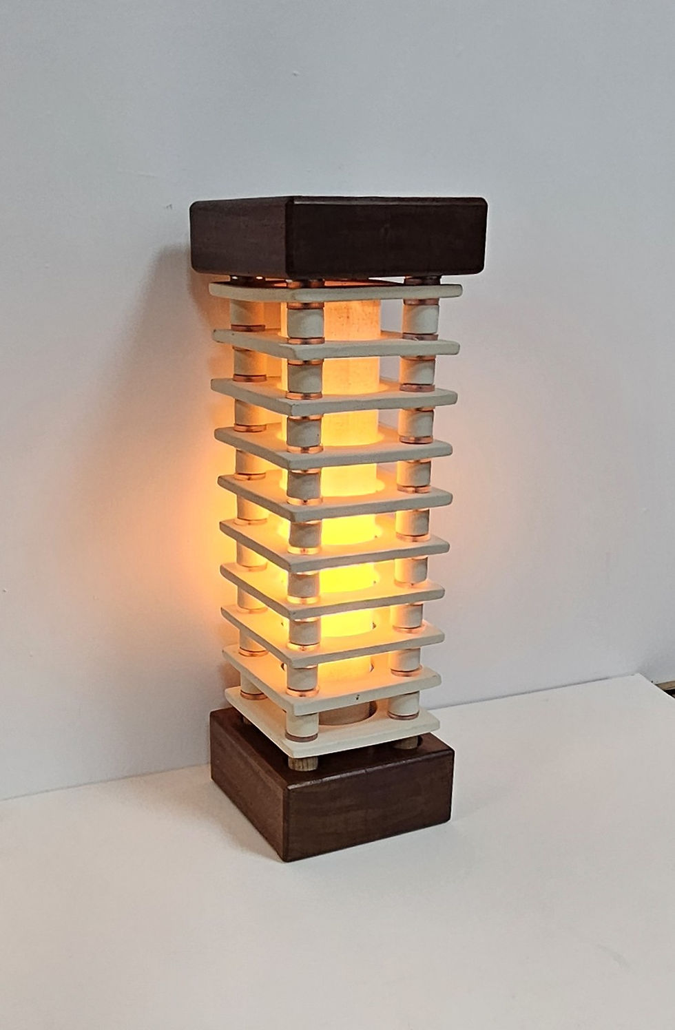 Thumbnail: Handmade stoneware ceramic and teak table lamp with handmade calico shade
